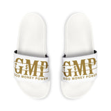 Slide Sandals — White "GMP" Gold Logo Slides (God Money Power)