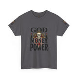 Graphic Tee — "God Money Power" Skull Design