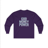 God Money Power Long Sleeve Tee — Retro Neon Graphic Faith & Hustle Shirt