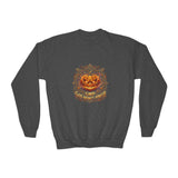 Youth Crewneck Sweatshirt — Vintage Halloween Pumpkin "GOD MONEY POWER"