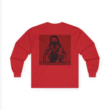 Long Sleeve Tee — "Sacred Hustle" Red Bandana Jesus Graphic