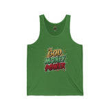 God Money Power Graphic Tank Top — Faith & Hustle Comic-Style Design