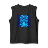 God Money Power Graphic Muscle Tank — Blue Illustration Front, "GOD MONEY POWER" Back