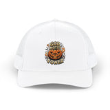 Halloween Pumpkin Trucker Cap — "God Money Power" Graphic Snapback