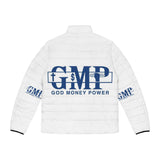 God Money Power Puffer Jacket — Men's White Logo Puffer