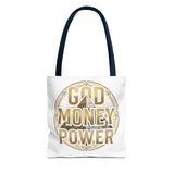 God Money Power Tote Bag — Bold Pyramid Graphic Religious Statement Tote