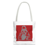 Saint Icon Red Graphic Tote Bag — 'Good Money Power' Illustration
