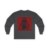 Long Sleeve Tee — "Sacred Hustle" Red Bandana Jesus Graphic