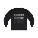 Long Sleeve Tee — "Put God First, Hustle for the Money, Put Yourself in Power" Inspirational Faith & Hustle Top