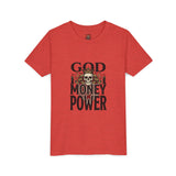Youth Tee — 'God Money Power' Skull Graphic Shirt
