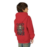 Youth Hoodie "God Money Power" Skull Graphic