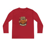 Youth Long Sleeve Tee — 'God Money Power' Halloween Pumpkin Graphic