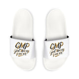 Slide Sandals — White Removable-Strap Slides with 'CMP God Mercy Power' Gold Script