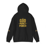 God • Money • Power Hoodie — White Pullover with Gold GMP Logo