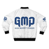 GMP "God Money Power" Bomber Jacket — White Graphic Streetwear Jacket