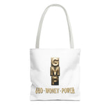 God • Money • Power Tote Bag — Inspirational Gold Block Design