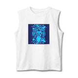 God Money Power Graphic Muscle Tank — Blue Illustration Front, "GOD MONEY POWER" Back