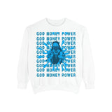 Graphic Sweatshirt - "God Money Power" Blue Retro Streetwear Crewneck