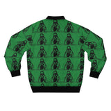 Green Patterned Bomber Jacket — Repeating Hooded Figure All-Over Print