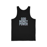 God Money Power Tank Top — Blue Graphic Faith & Hustle Sleeveless Shirt