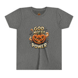 Youth Tee — "God Money Power" Halloween Pumpkin Graphic