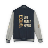 God Money Power Letterman Jacket — Red Varsity Bomber with GMP Gold Logo