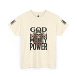 Graphic Tee — "God Money Power" Skull Design
