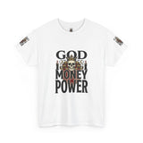 Graphic Tee — "God Money Power" Skull Design