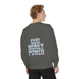 Graphic Sweatshirt - "God Money Power" Blue Retro Streetwear Crewneck