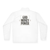 Quarter-Zip Pullover — 'God Money Power' Graphic Pullover with Chest Portrait