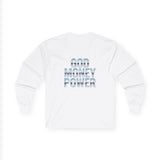 God Money Power Long Sleeve Tee — Retro Neon Graphic Faith & Hustle Shirt