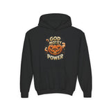 Halloween Pumpkin Hoodie — “God Money Power” Graphic Youth Sweatshirt