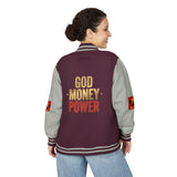 Letterman Jacket — "God Money Power" Red & White Varsity Jacket