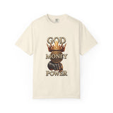 God Money Power T-Shirt — Crown, Coin & Fist Graphic Tee