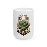 God Power Mug — Coffee Cup with Cash Stack Religious Humor Design