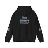 God Money Power Hoodie — Inspirational Graphic Pullover with Script on Sleeves
