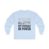 Long Sleeve Tee — "Put God First, Hustle for the Money, Put Yourself in Power" Inspirational Faith & Hustle Top