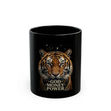 Tiger Portrait Black Mug – "God Money Power" Inspirational Coffee Cup