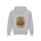 Halloween Pumpkin Hoodie — “God Money Power” Graphic Youth Sweatshirt