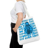 God Money Power Graphic Tote Bag — Blue Urban Goddess All-Over Print Tote