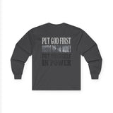 Long Sleeve Tee — "Put God First, Hustle for the Money, Put Yourself in Power" Inspirational Faith & Hustle Top