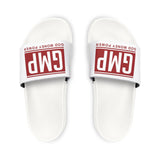 Men's Slide Sandals — White Removable-Strap Slides with 'GMP God Money Power' Graphic