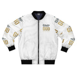 GMP GOD All-Over Print Bomber Jacket — White & Gold Graphic Jacket