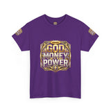 Graphic Tee — "God Money Power" Gold Crest T-Shirt