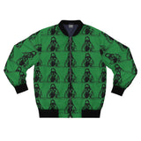 Green Patterned Bomber Jacket — Repeating Hooded Figure All-Over Print