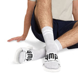 God Money Power- Men's Slide Sandals — White "GMP" Removable-Strap Pool Slides