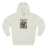 God Money Power-Hoodie — Skull Graphic Three-Panel Fleece Pullover