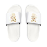 Men's Slide Sandals — White Removable-Strap Slides with 'GMP' Gold Emblem