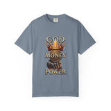 God Money Power T-Shirt — Crown, Coin & Fist Graphic Tee