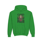Youth Hoodie "God Money Power" Skull Graphic